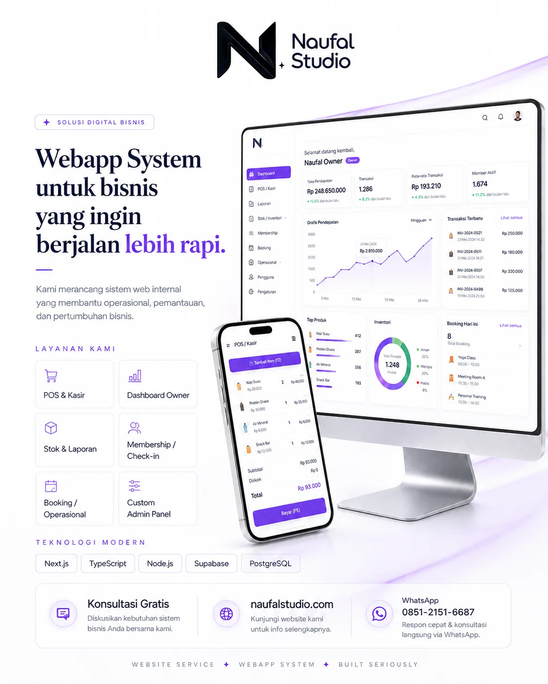 Poster layanan webapp system Naufal Studio: POS dan kasir, dashboard pemilik, stok dan laporan, membership, booking, dan admin panel custom.
