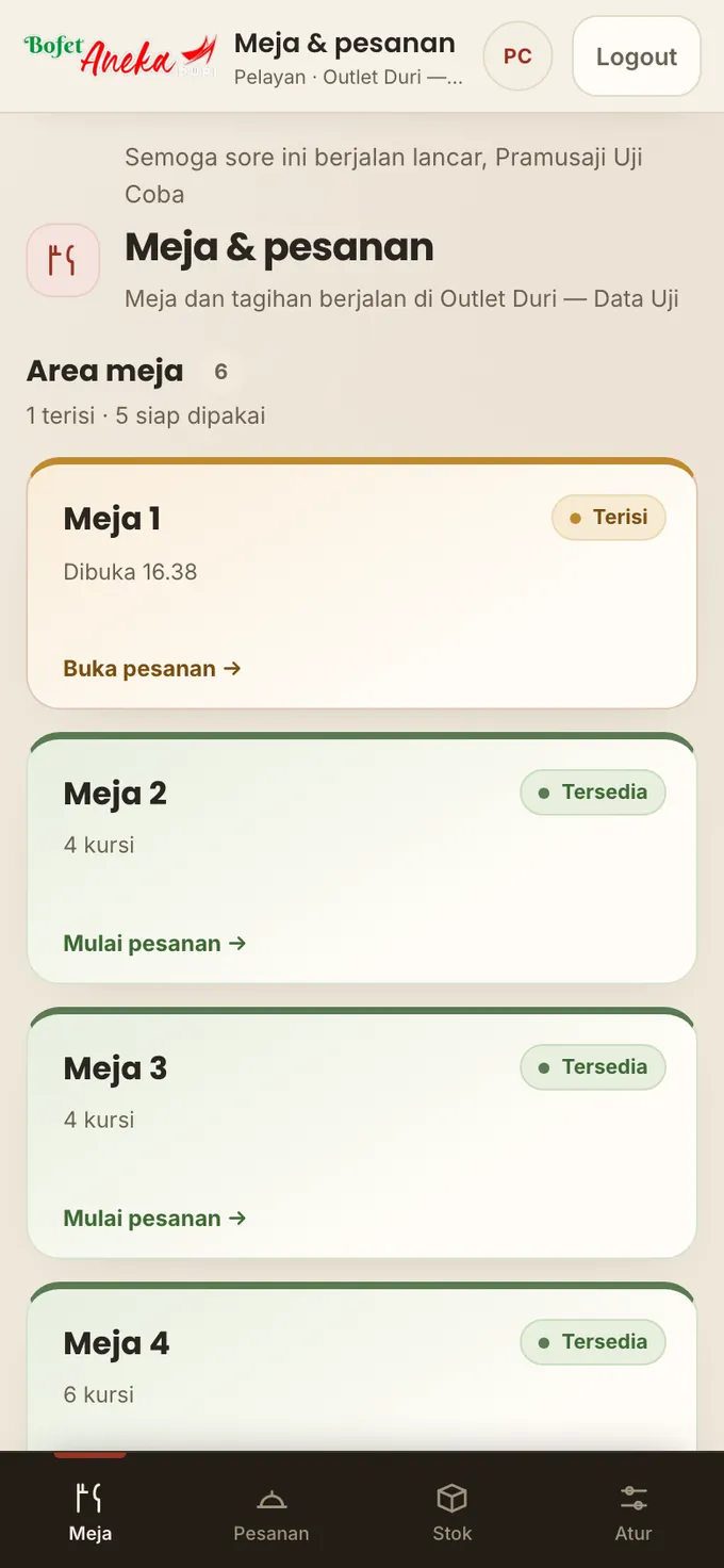 Layar meja dan pesanan Bofet Aneka pada ponsel, diambil dari data uji lokal